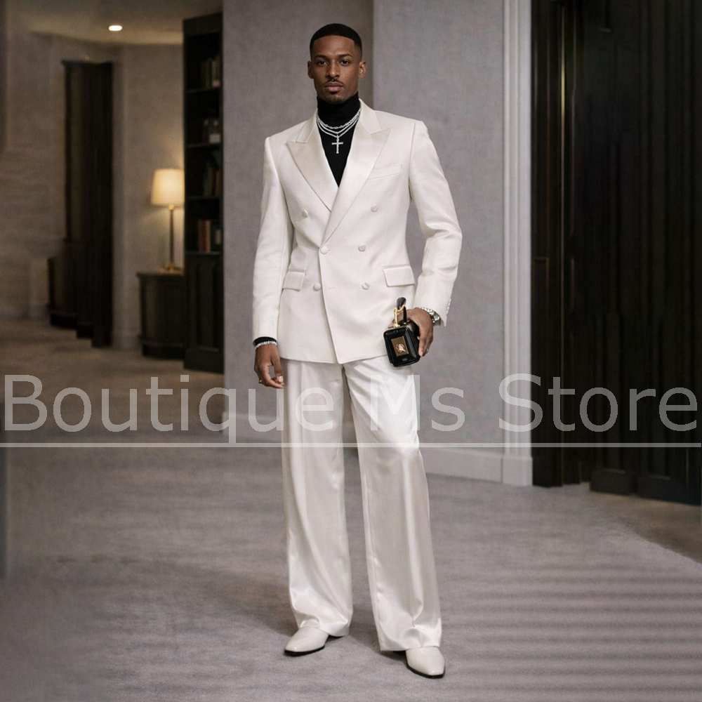 Men Formal Wear Modern - Herren Weißer Satin-Anzug 2-teilig Doppelreihig Spitzrevers